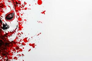 Captivating Halloween concept with skull covered in red blood splatters, surrounded by crimson petals, creating striking and dramatic visual. Perfect for themes of horror, suspense. photo