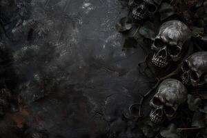 Dark and moody Halloween themed backdrop featuring skulls and dark foliage on a textured black surface, creating a spooky and atmospheric setting. Empty, copy space for text. photo