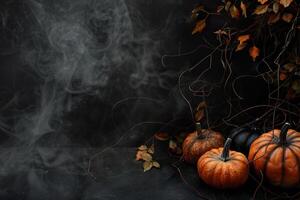 Dark Halloween background with empty space, perfect for spooky seasonal promotions. Pumpkin, Jack O'Lantern. Copy space for text. Happy Halloween. Mystical backdrop. photo