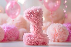 A dreamy, soft pink scene featuring a fluffy number 1 centerpiece surrounded by pastel balloons and delicate flowers, creating a whimsical atmosphere. First birthday. photo