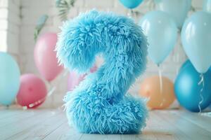 Blue and fluffy number two with blurred balloons on the background. Playful symbol 2. Invitation for second birthday celebration. Children, kids party. Greeting card design. photo