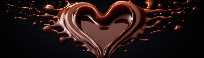 A captivating heart shaped splash of liquid chocolate against a dark background, symbolizing love and indulgence, perfect for World Chocolate Day and romantic themes. Panoramic banner. . photo