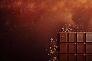 A luxurious chocolate bar rests on a textured, sparkling brown background, perfect for World Chocolate Day promotions, with ample space for text. photo