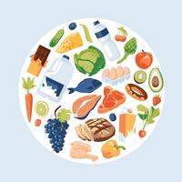 Set of food and drink grocery store objects. Advertising local shopping. Square and circle design composition. flat illustration vector