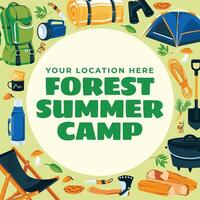 Camping, tourism and hiking, a set of objects for active recreation. Square and round composition. flat illustration vector