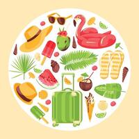 A set of objects of summer recreation. Beach holiday symbols. Square on round design composition. flat illustration vector