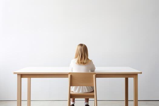 A minimalist image showing a child from behind, sitting at a desk facing a plain white wall, ideal for education-related content and ads with space for text. photo
