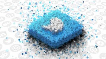 Blue flickering particles forming a symbol of Twitter. Motion. Rows of social media icons flowing on the background. For editorial use only. video