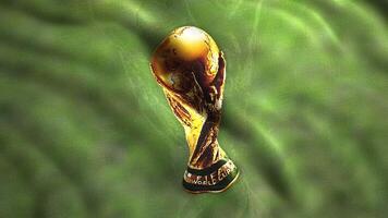 Abstract golden FIFA World Cup Trophy on a green fabric of a flag. Motion. Waving sport flag, seamless loop. For editorial use only. video