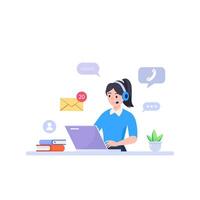 Customer service. Call center. Hotline operators with headphones on laptop screen. vector