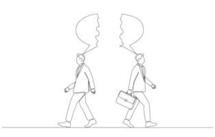 Continuous one line drawing of two businessmen with broken speech bubbles walking in opposite directions, business conflict and disagreement concept, single line art. vector