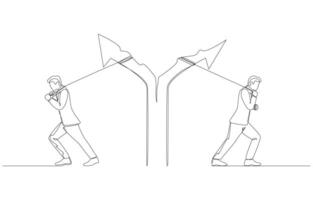 Continuous one line drawing of two businessmen pulling arrow to split in opposite directions, business breakup concept, single line art. vector