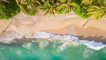 Overhead photo of crashing waves on the shoreline tropical beach