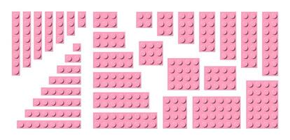 Big set of light pink plastic building toy blocks. Simple collection of childrens bricks. Abstract illustration isolated on a white background vector