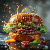 A close-up shot of a delicious burger with melted cheese and sesame seeds. Sauce drips down the sides of the burger, creating a mouthwatering visual. photo