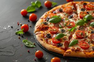 A close-up of a freshly baked pizza with toppings of melted cheese, juicy tomatoes, savory olives, and fresh basil leaves, all arranged on a black surface. photo