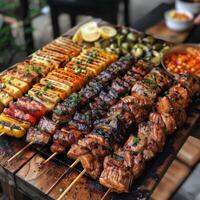 un de cerca Disparo de varios A la parrilla brochetas, incluso verduras, mariscos, y carne, arreglado en un de madera tablón. el brochetas son adornado con hierbas y especias, agregando un aromático toque a el escena. foto