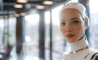 woman android, robot, modern technology. work in the laboratory, in the office, introducing new modern technologies photo