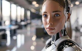 woman android, robot, modern technology. work in the laboratory, in the office, introducing new modern technologies photo