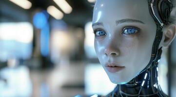 woman android, robot, modern technology. work in the laboratory, in the office, introducing new modern technologies photo