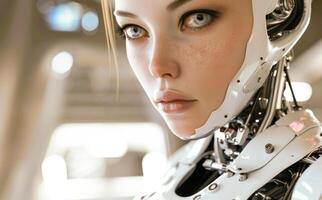 woman android, robot, modern technology. work in the laboratory, in the office, introducing new modern technologies photo