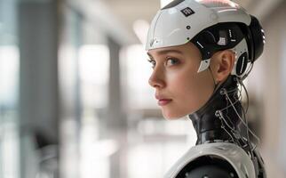 woman android, robot, modern technology. work in the laboratory, in the office, introducing new modern technologies photo