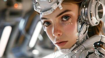 woman android, robot, modern technology. work in the laboratory, in the office, introducing new modern technologies photo