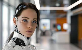 woman android, robot, modern technology. work in the laboratory, in the office, introducing new modern technologies photo