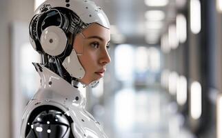 woman android, robot, modern technology. work in the laboratory, in the office, introducing new modern technologies photo