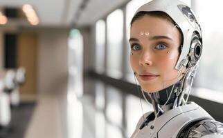 woman android, robot, modern technology. work in the laboratory, in the office, introducing new modern technologies photo