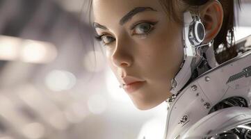 woman android, robot, modern technology. work in the laboratory, in the office, introducing new modern technologies photo