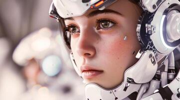 woman android, robot, modern technology. work in the laboratory, in the office, introducing new modern technologies photo