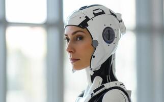 woman android, robot, modern technology. work in the laboratory, in the office, introducing new modern technologies photo
