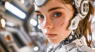 woman android, robot, modern technology. work in the laboratory, in the office, introducing new modern technologies photo