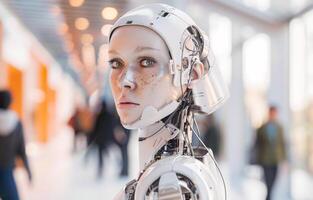 woman android, robot, modern technology. work in the laboratory, in the office, introducing new modern technologies photo