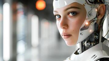 woman android, robot, modern technology. work in the laboratory, in the office, introducing new modern technologies photo