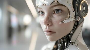 woman android, robot, modern technology. work in the laboratory, in the office, introducing new modern technologies photo