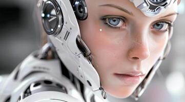 woman android, robot, modern technology. work in the laboratory, in the office, introducing new modern technologies photo
