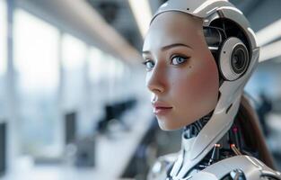 woman android, robot, modern technology. work in the laboratory, in the office, introducing new modern technologies photo