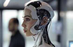 woman android, robot, modern technology. work in the laboratory, in the office, introducing new modern technologies photo