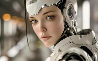 woman android, robot, modern technology. work in the laboratory, in the office, introducing new modern technologies photo
