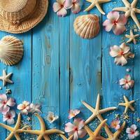 A close-up image of a blue wooden surface adorned with seashells, starfish, and delicate pink and white flowers. The composition creates a serene and summery feel. photo