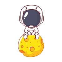 Cute astronaut sitting on the moon cartoon character. Space and science concept design. Hand drawn flat adorable chibi illustration. Icon logo mascot isolated background. vector
