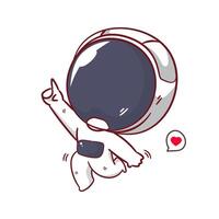 Cute astronaut floating with pointing hand cartoon character. Space and science concept design. Hand drawn flat adorable chibi illustration. Icon logo mascot isolated background. vector