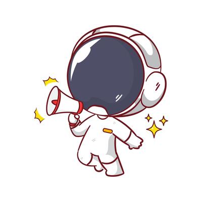 Cute astronaut speaking with megaphone cartoon character. Space and science concept design. Hand drawn flat adorable chibi illustration. Icon logo mascot isolated background.