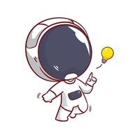 Cute astronaut get an idea cartoon character. Space and science concept design. Hand drawn flat adorable chibi illustration. Icon logo mascot isolated background. vector