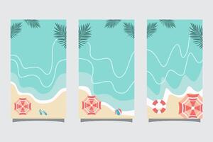 Set of summer travel flyers with beach and wave. Illustration in Minimalistic style with copy space vector