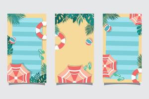 Set of summer travel flyers with beach and wave. Illustration in Minimalistic style with copy space vector