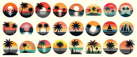 Set of retro sunsets in 80s and 90s style. Abstract sun at beach background with sunny and t-shirt design vector