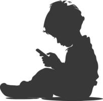 silhouette little boy playing smartphone while sitting vector